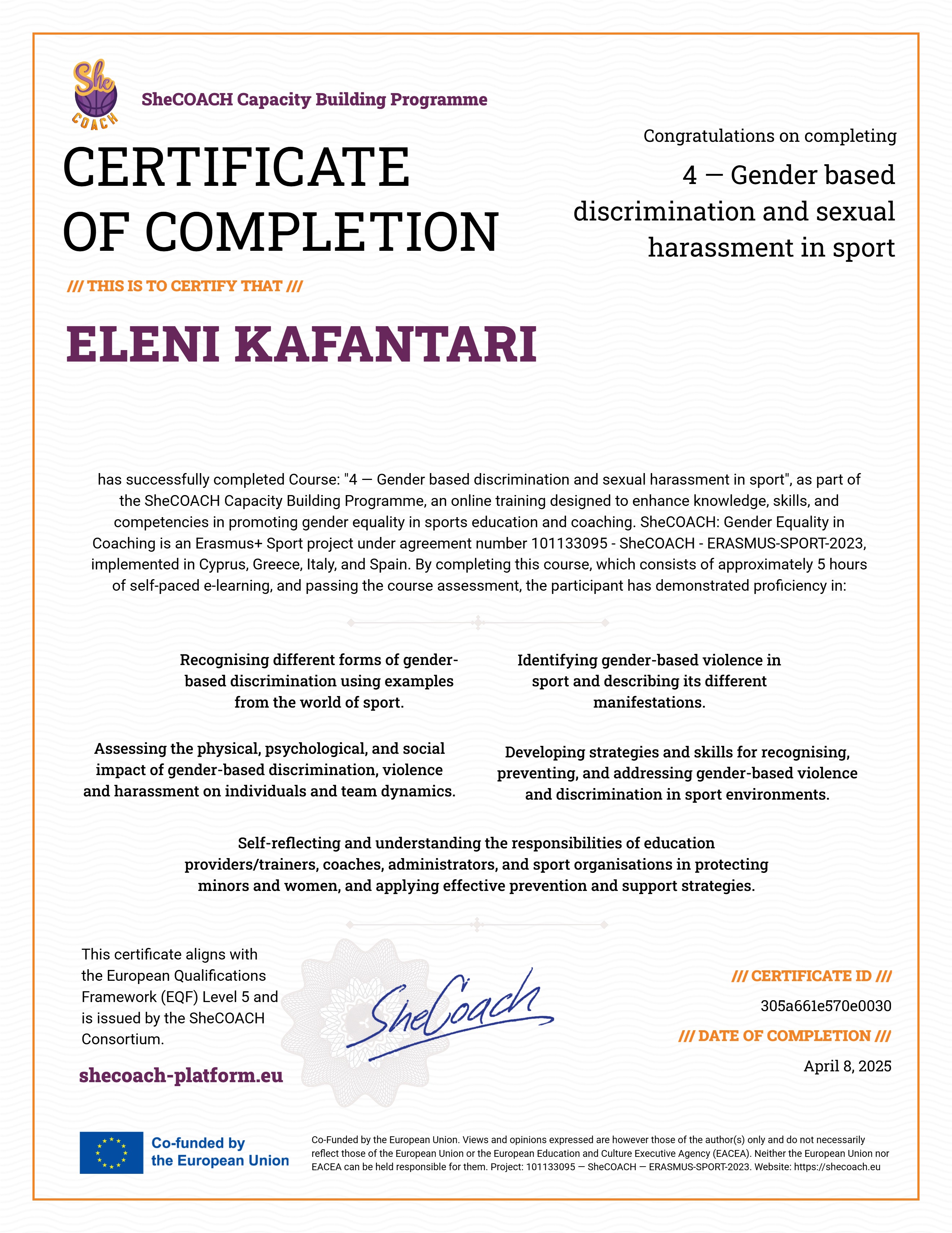 4 — Gender based discrimination and sexual harassment in sport