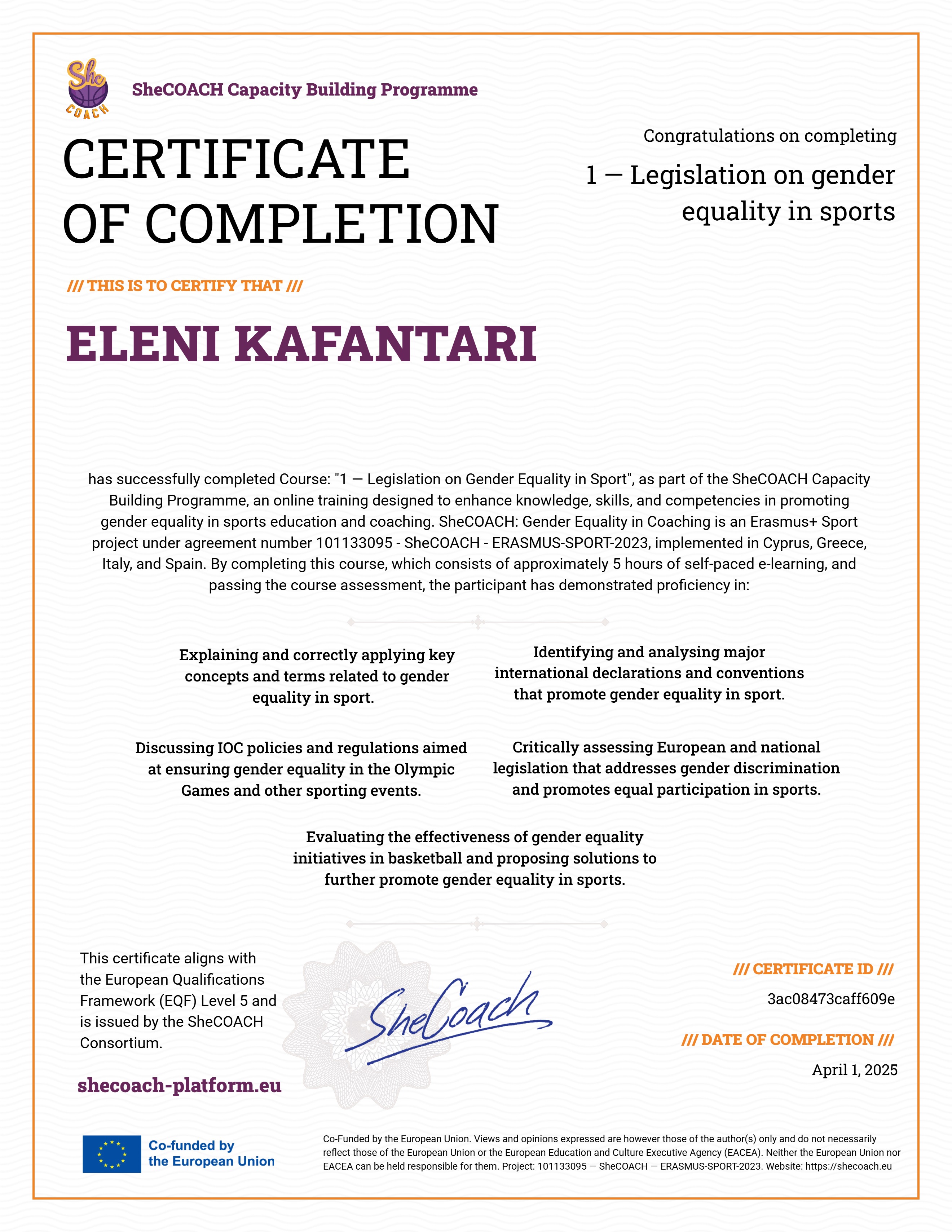 1 — Legislation on gender equality in sports
